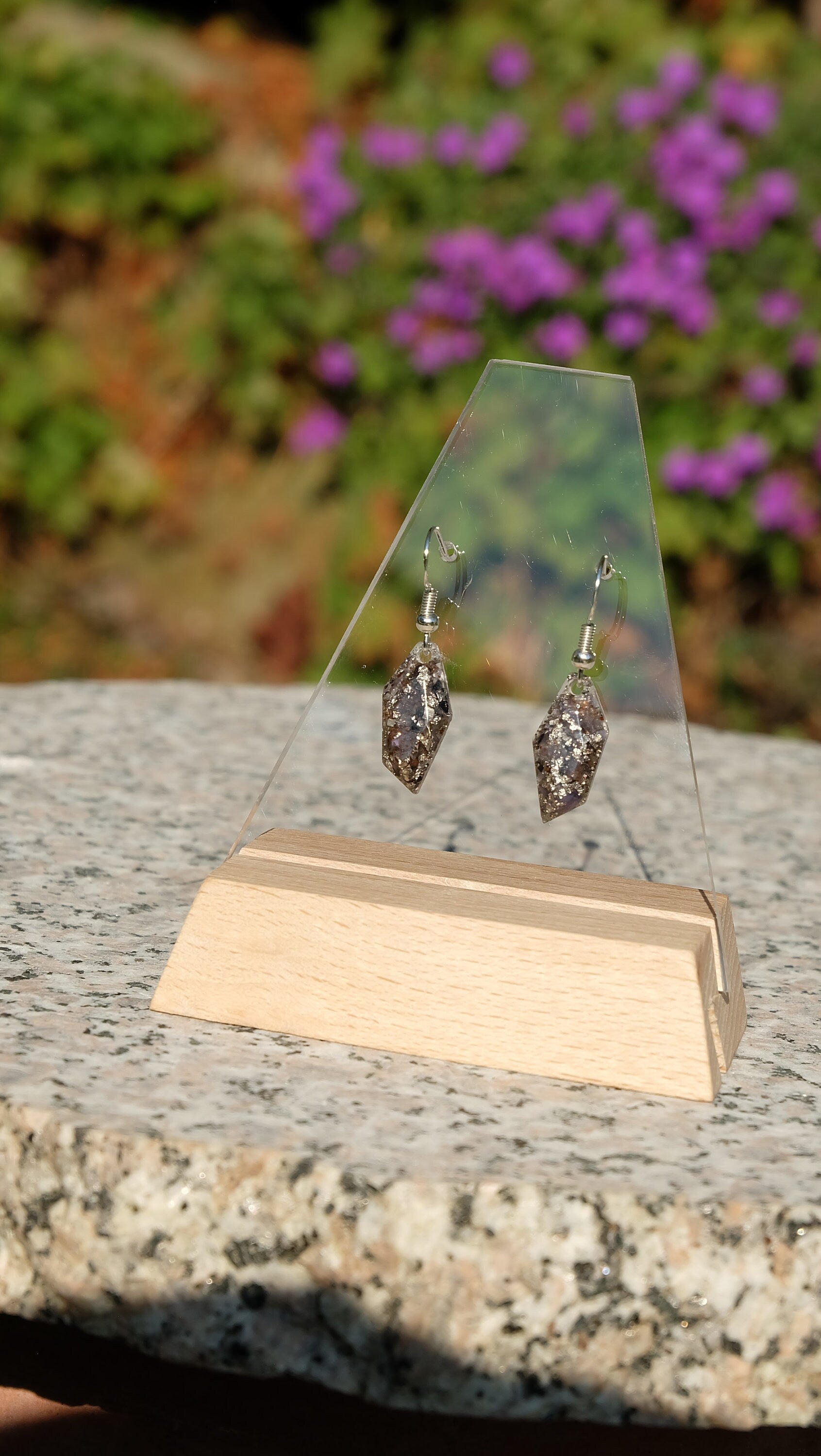 Orgonit Ohrringe aus Tansanit Palladium und Silber Edelstein Ohrringe