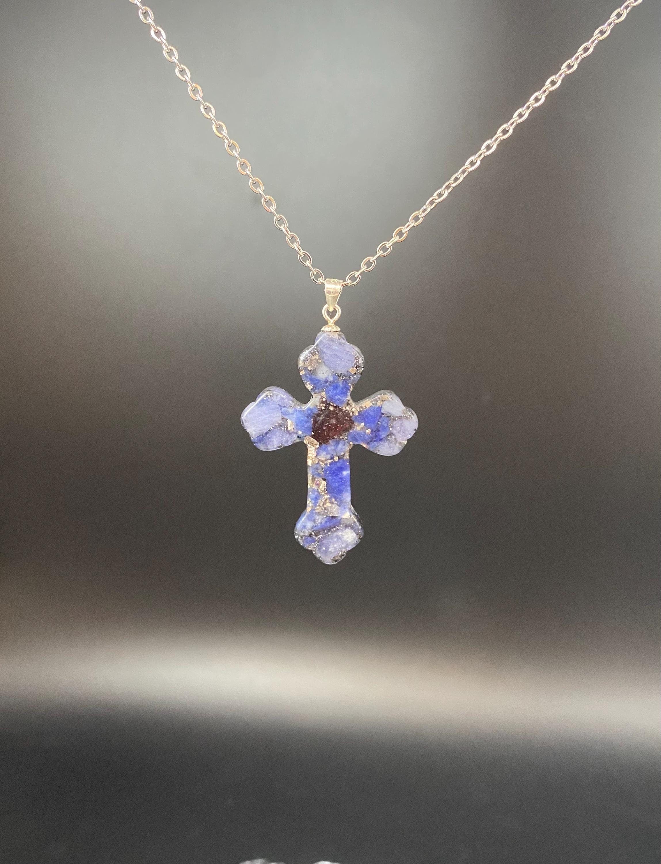 Lilienkreuz Orgon Amulett von Sonnenkraft7 - Schutzamulett - Christlicher Schmuck - Gebetskette - Mit Tanzanit und Sodalith