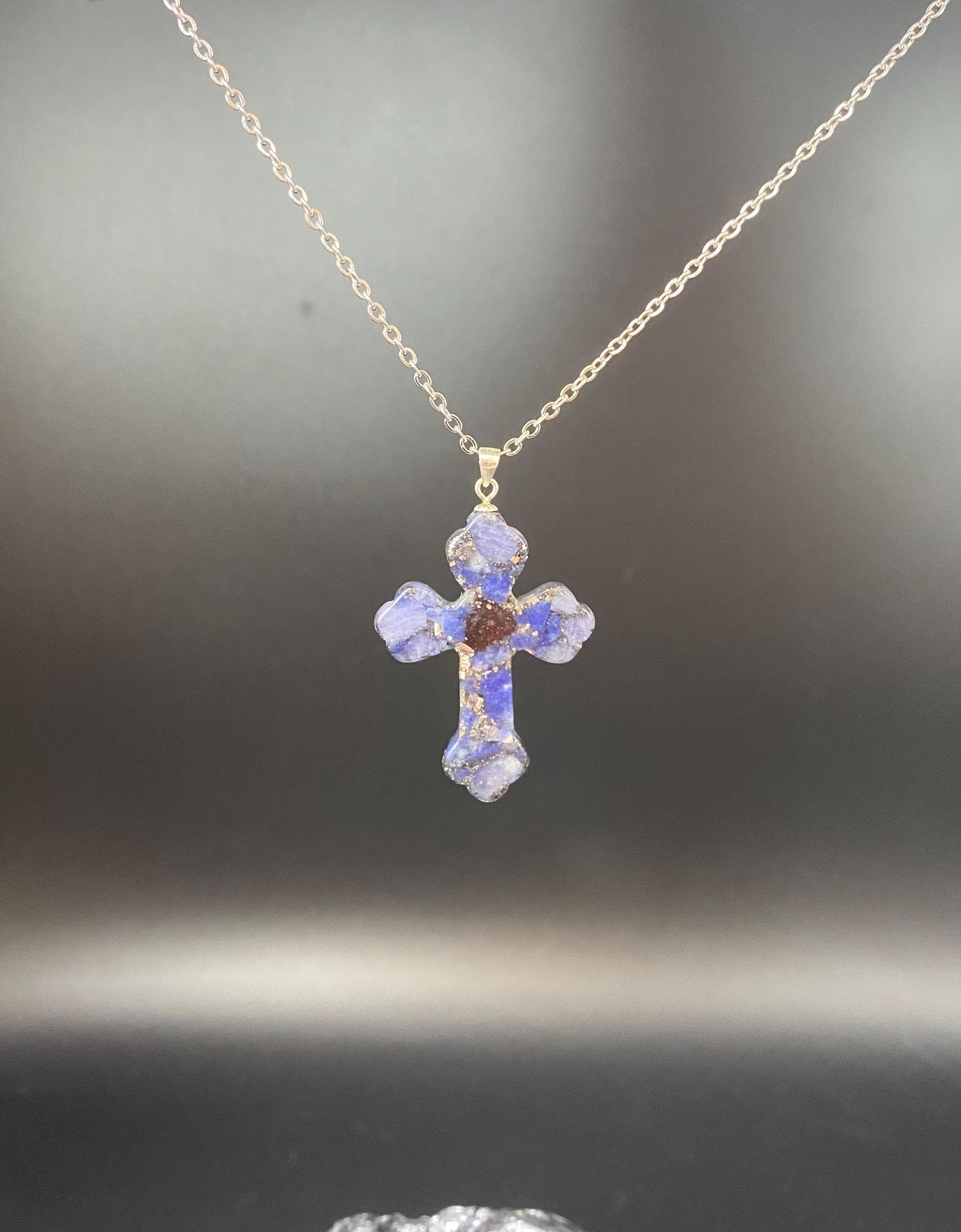 Lilienkreuz Orgon Amulett von Sonnenkraft7 - Schutzamulett - Christlicher Schmuck - Gebetskette - Mit Tanzanit und Sodalith