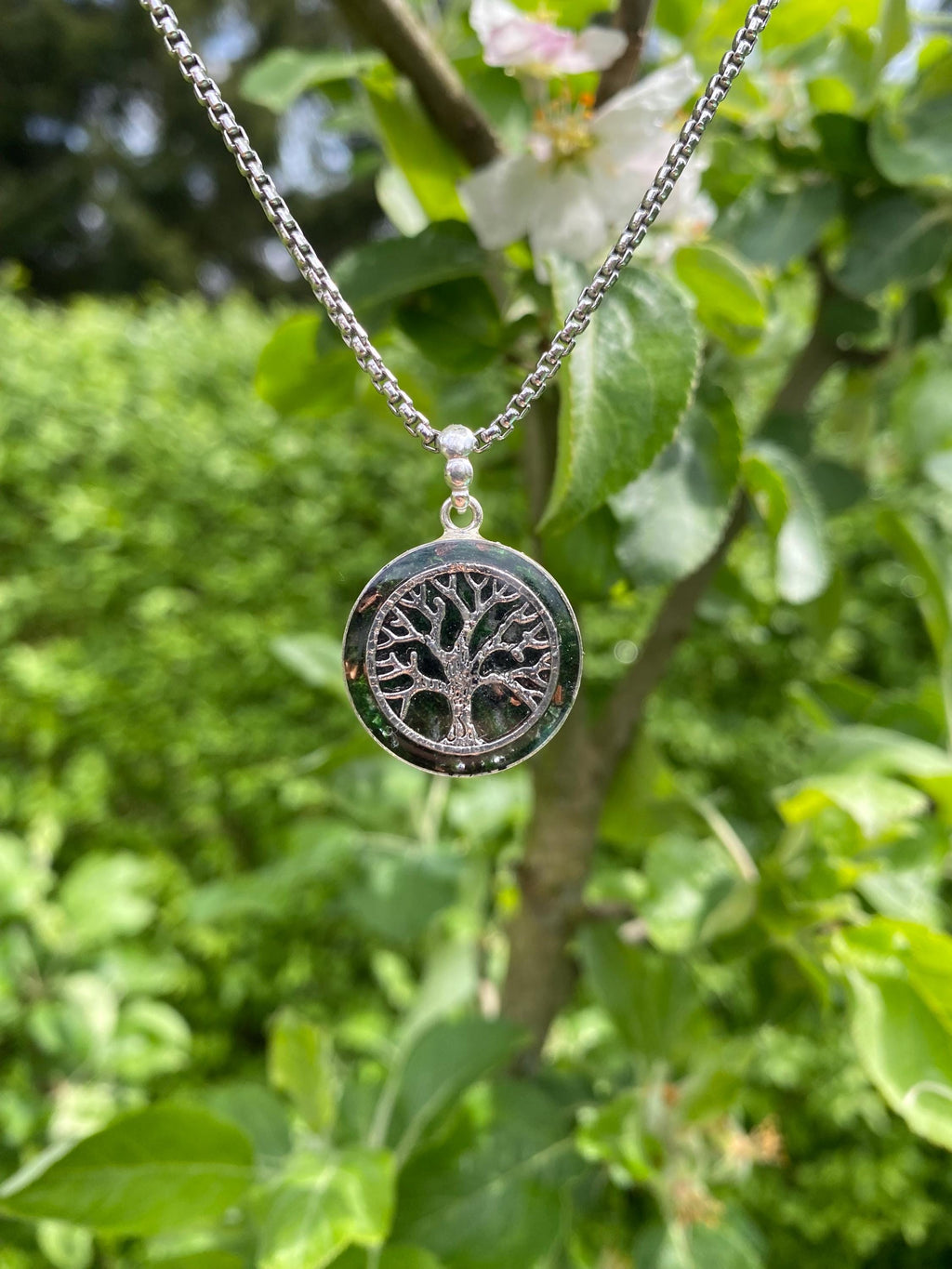 Lebensbaum Orgonit Talisman aus 925 Sterling Silber echtem Moos Bergkristall Kupfer und schwarzen Turmalin