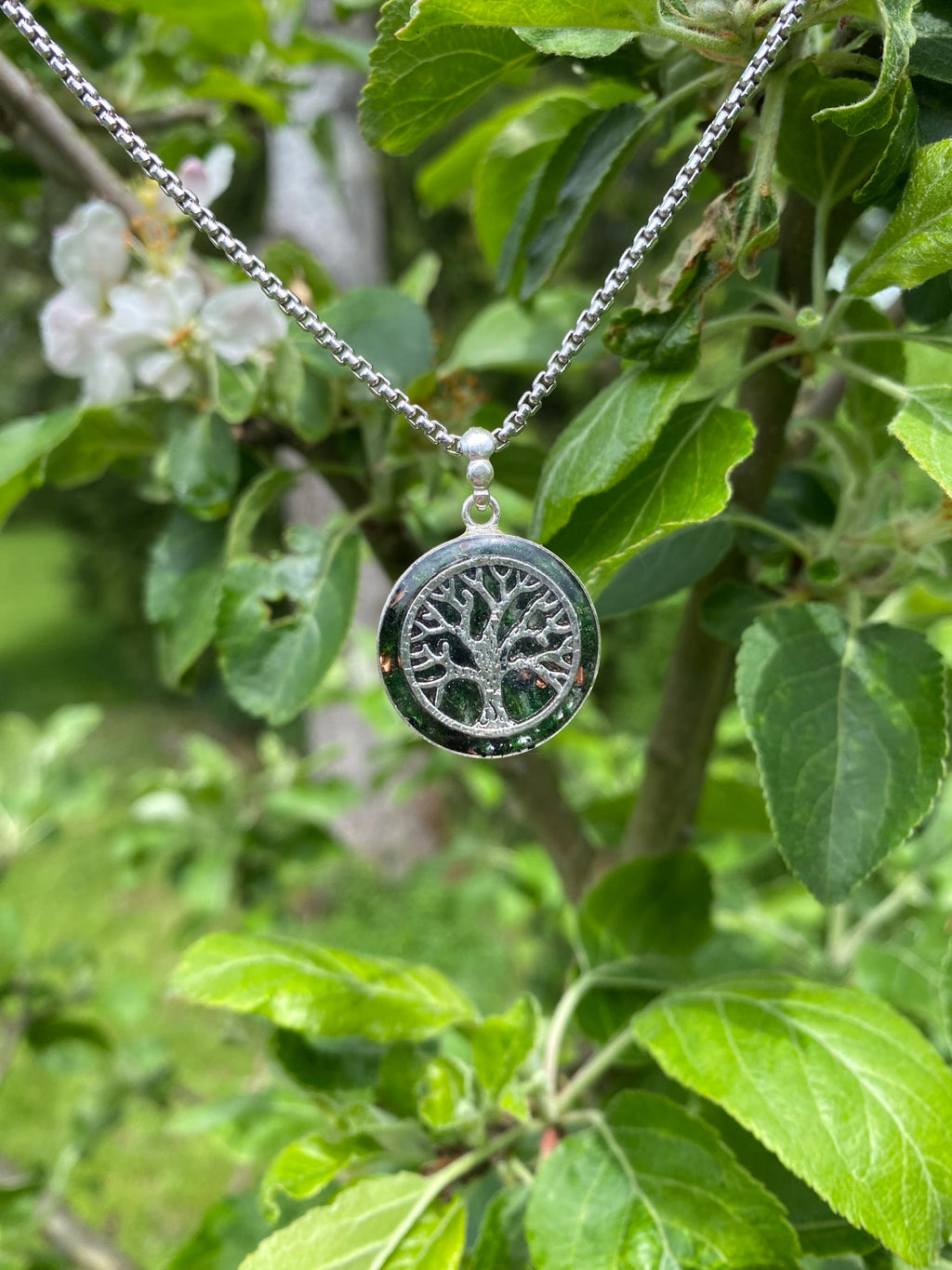 Lebensbaum Orgonit Talisman aus 925 Sterling Silber echtem Moos Bergkristall Kupfer und schwarzen Turmalin