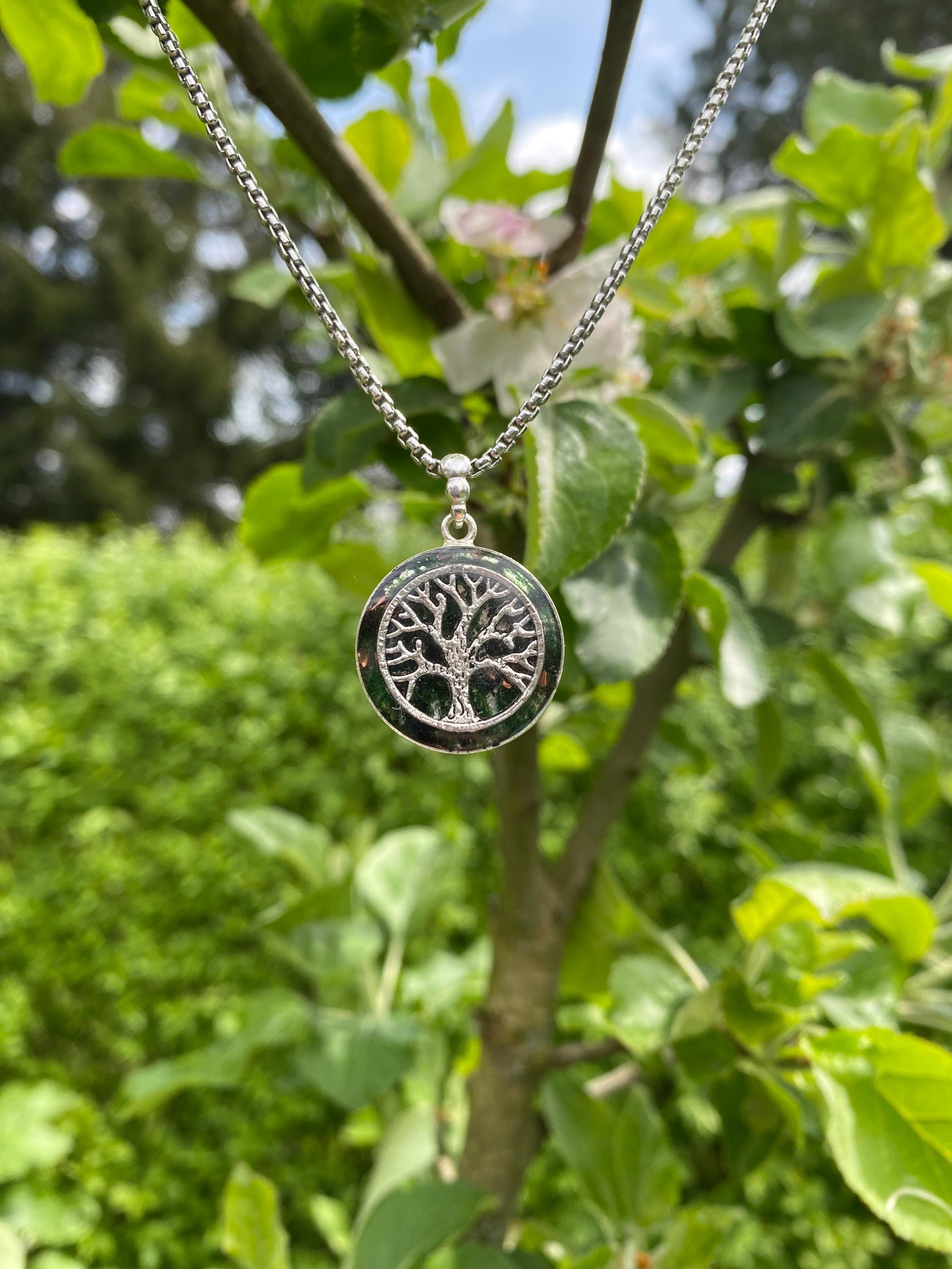 Lebensbaum Orgonit Talisman aus 925 Sterling Silber echtem Moos Bergkristall Kupfer und schwarzen Turmalin