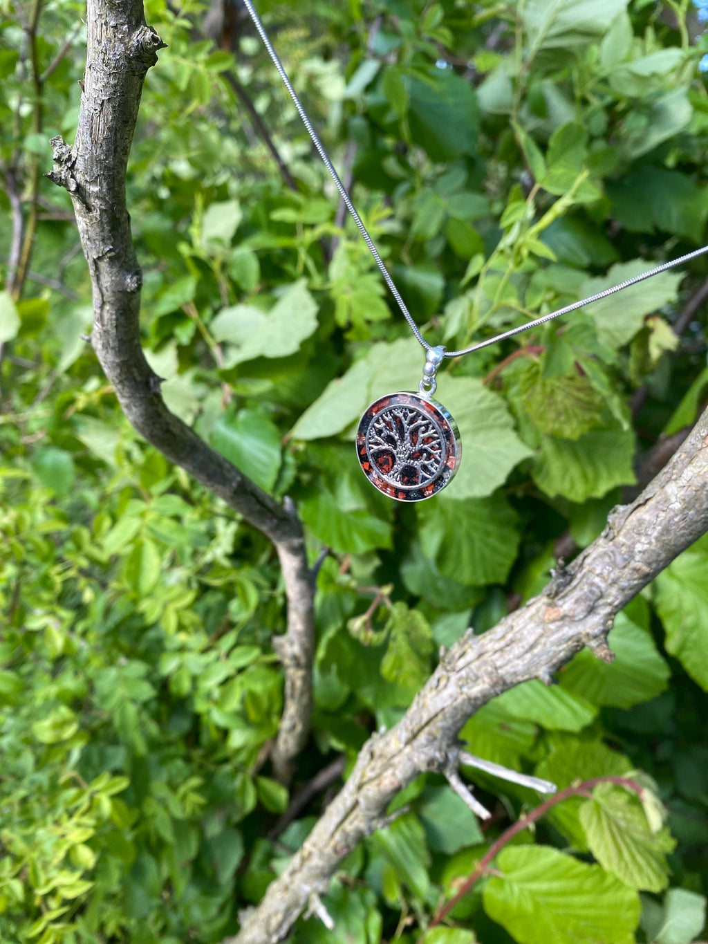 Lebensbaum Orgonit Talisman aus 925 Sterling Silber | Rotem Jaspis | Schwarzem Turmalin | Bergkristall und Kupferstücken