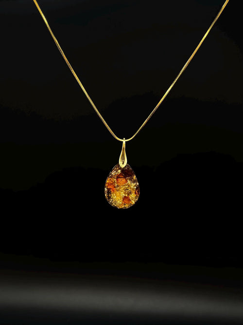 Bernstein Anhänger mit vergoldetem 925 Sterling Silber und Blattgold | Orgonit Amulett in Tropfenform | Weihnachtsgeschenk