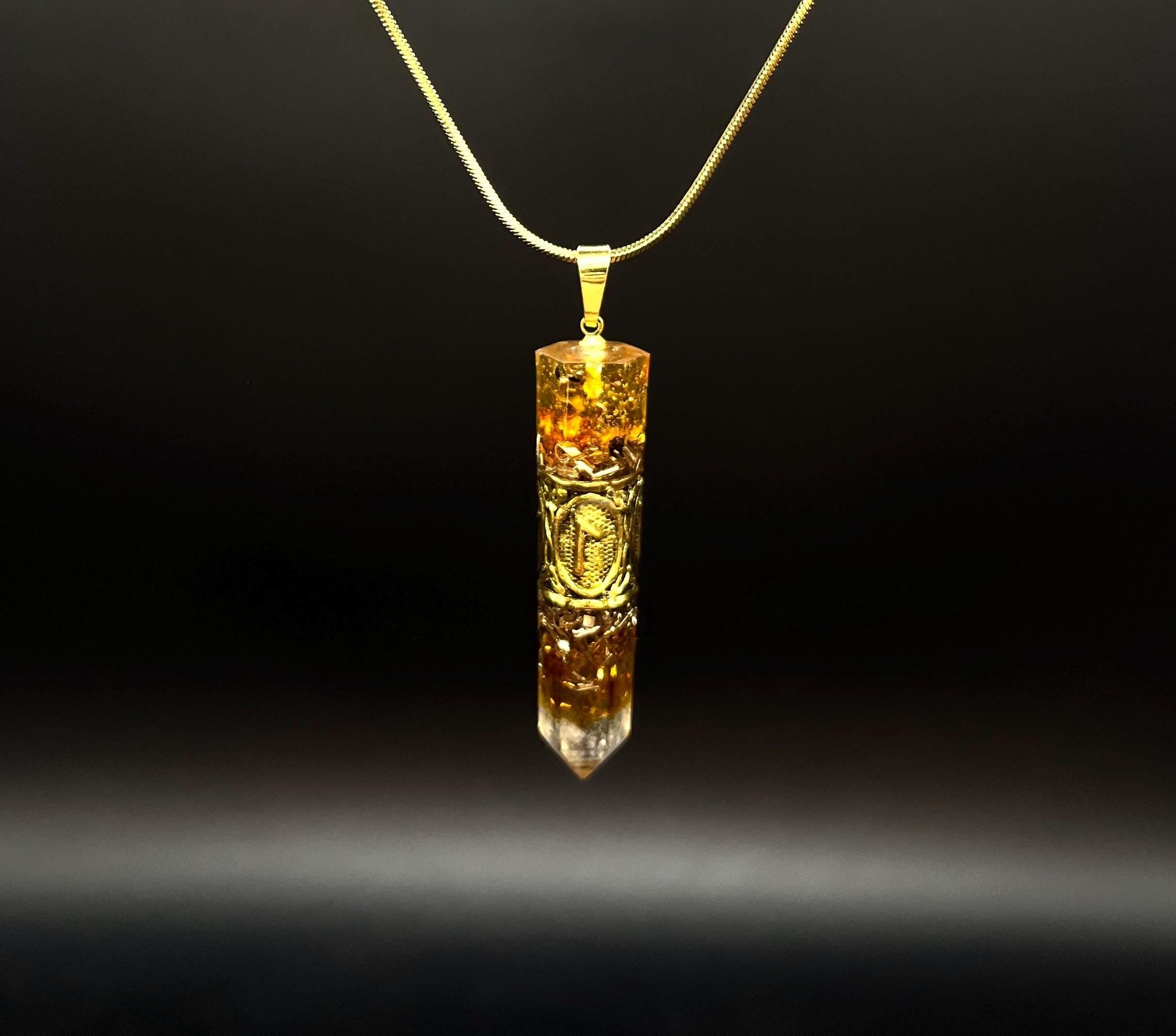 Bernstein Runen Amulett Orgonit Anhänger Mittelalter Schmuck aus echtem Bernstein für Schutz vor negativen Energien | Goldenes Schutzamulett
