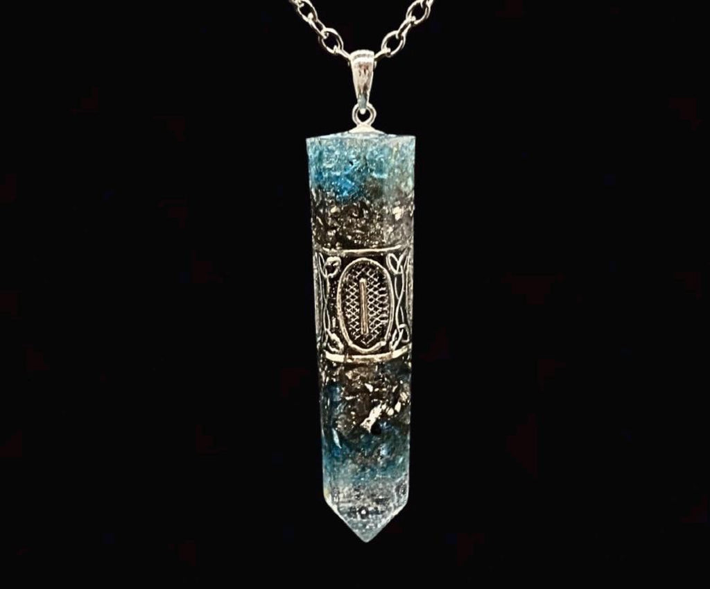 Wikinger Runen Amulett Orgonit Anhänger Mittelalter Schmuck mit blauem Apatit für Selbstausdruck und Klarheit