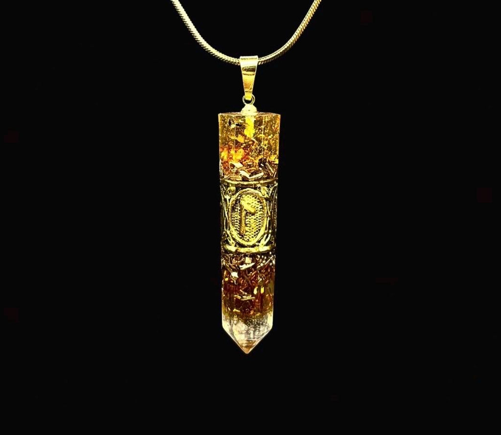 Bernstein Runen Amulett Orgonit Anhänger Mittelalter Schmuck aus echtem Bernstein für Schutz vor negativen Energien | Goldenes Schutzamulett